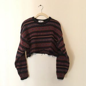 Vintage Oversized Cropped Knit Intarsia Sweater